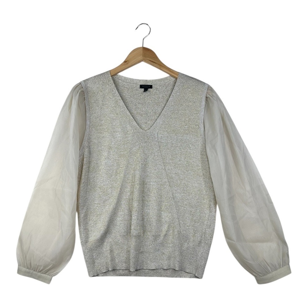 Talbots Metallic Woven Sleeve V-Neck Pullover size Large Gold